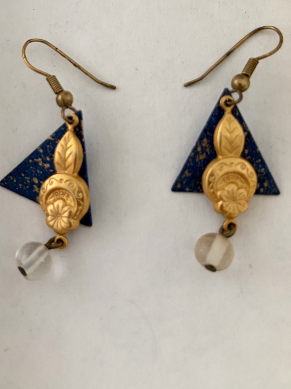 Vintage blue Triangle Dangle/Drop Hook Earrings Gold Tone Charm Clear Bead Drop